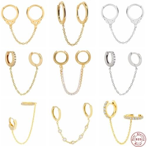 BOAKO 925 Sterling Silver White Zircon Double Circle Chain Hoop Earrings For Women Ear Bone Cuff Buckle Cartilage Huggie Earring