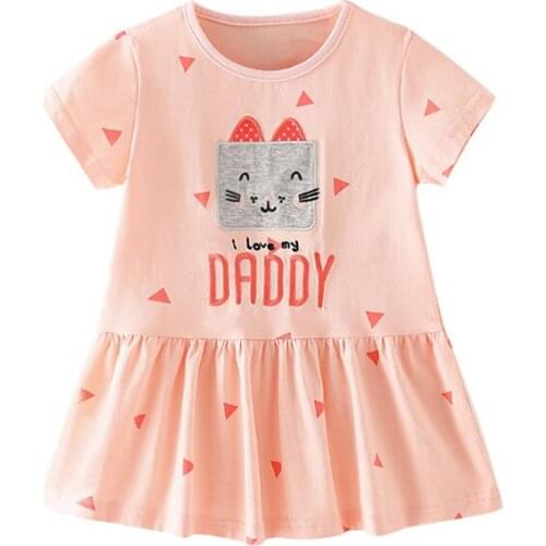 27kids Fashion Breathable Girls with Cute Pattern Cotton Kids Summer Short Sleeve Dress for Casual Round Neck Skirt 2-7Years