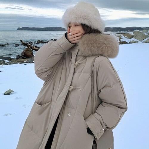 Big Fox Fur Hood Puffer Jacket Women Knee Long Duck Down Padded Overcoats Office Lady Fashion Loose Down Parkas Outerwear JK-892