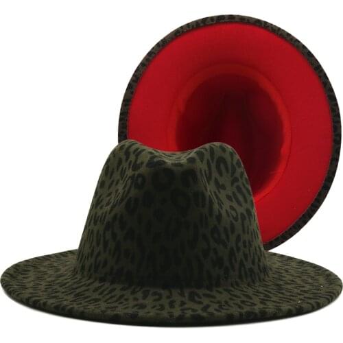 Wide Brim Army Green Leopard Red Bottom Fedora Ladies Wool Felt Hat Women Men Party Trilby Jazz Church Hats Patchwork Panama Cap