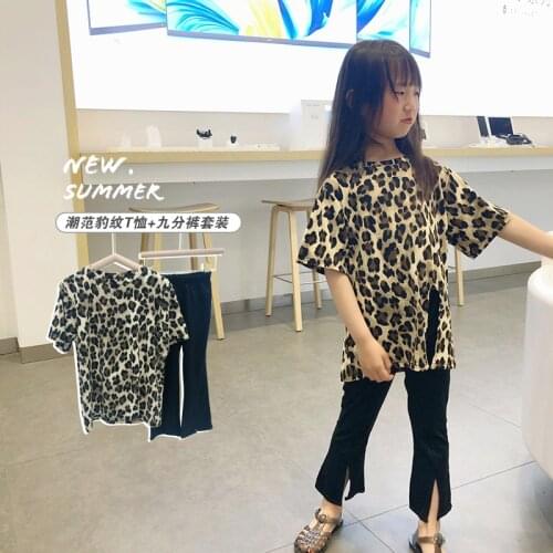 Girls Personality Set Summer New Leopard Print Short Sleeves Mid-Child T-Shirt and Elastic Nine-Point Pants Kids Clothing Sets