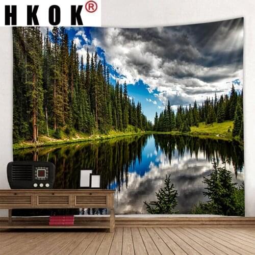 HKOK Forest Clouds River Natural Landscape Tapestry Hanging Covering Rugs Background Cloth Beach Mat Blanket Art Living Home De