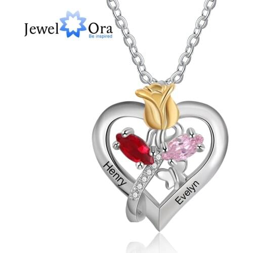 JewelOra Personalized Couple Name Rose Flower Pendant Necklace Custom Birthstone Engraved Heart Necklace Valentines Day Gift