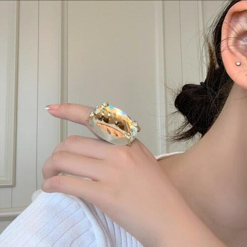 AOMU New Fashion Two-tone Mirror Glass Ring Female Niche Design Cut Surface Oval Shape Ring Ins Decoration Index Finger Ring