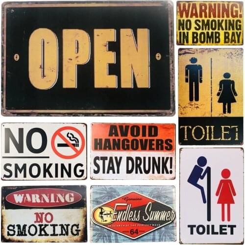 Retro Open Stop Toilet Metal Plaque Tin Sign Vintage Warning No Smoking Rules Tin Poster Wall Art Plate Club Home Decoration