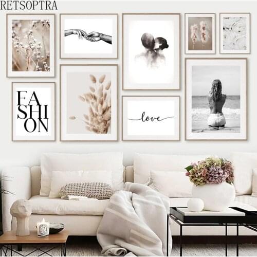 Wall Art Posters Print Dandelion Flower Black White Romantic Canvas Painting Hand In Hand Couples Lovers Room Decor Womens Back