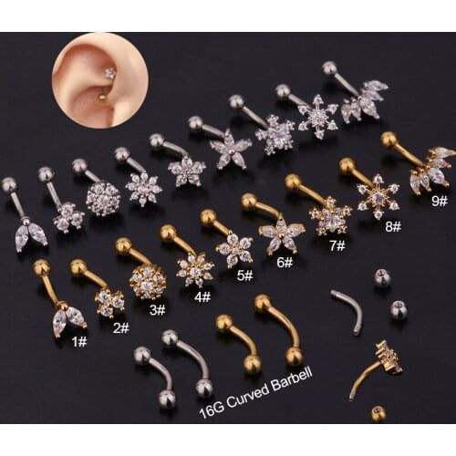 New Curved Zircon Eyebrow Crystal CZ Cochlear Nail Stainless Steel Creative Fashion Ear Ring Piercing Wholesale Body Jewelery