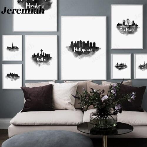 Nordic Black and White Watercolor City Canvas Poster Barcelona Dubai City Skyline Wall Art Living Room Decoration Frameless