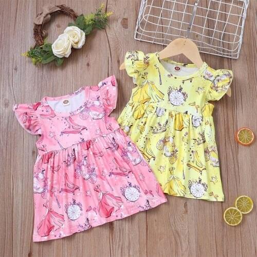 Girls Crystal Shoe Dress Printed Flying Sleeve Princess Dress