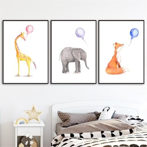 Elephant Fox Deer Animal Nursery Poster Pink Blue Bubble Canvas Painting Print Wall Art Pictures for Kids Children Living Room