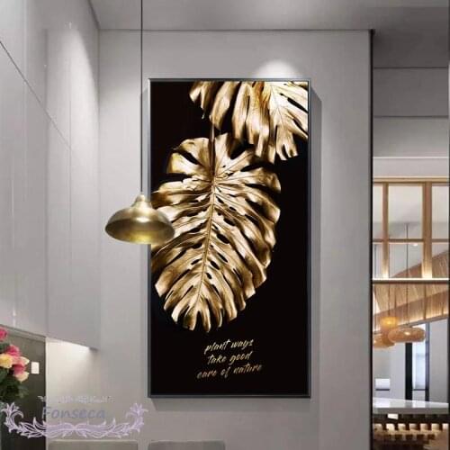 Modern Gold Leaves Canvas Painting Wall Art Large Poster and Print for Living Room Bedroom Nordic Black Background Picture