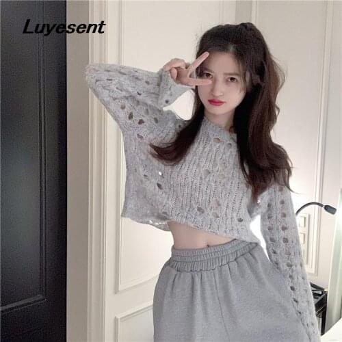 Light Gray Lady Sexy Short Length Sweater Autumn Girl Thin Knitted Crop Top Hollow Out O Neck Pull Sweaters Korean Fashion Cloth