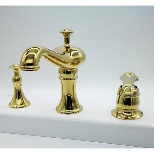 Vidric Bathrooms Gold Ceramics Brass Faucet Double Knobs 3 Hole Deck Mounted Sink Faucet Hot Cold Mixer Tap 3PCS/set