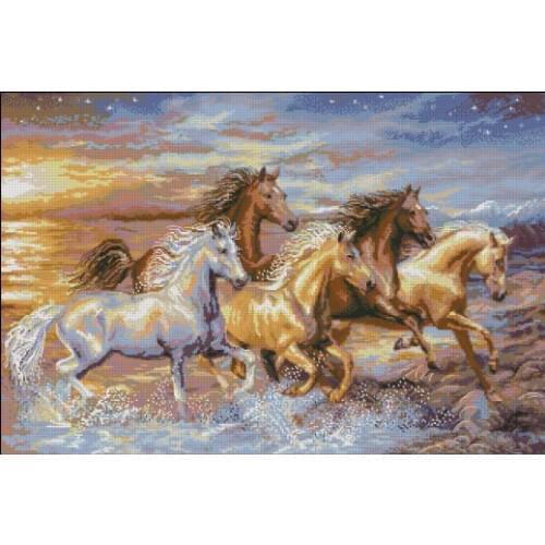 Top Quality Beautiful Lovely Counted Cross Stitch Kit Horse Five Horses in the river at starry night 70X50CM, 14CT