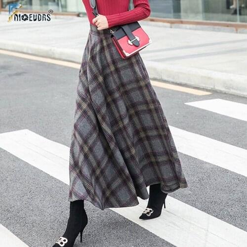 A Line Winter Plaid Skirts Women Hot Warm Design Elegant Lady Office Long Skirt Plaid Printed Elastic High Waist Skirts Long 022