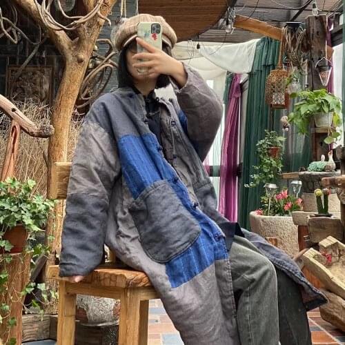 Women Autumn Winter Patchwork Cotton Linen Parkas Long Coat Ladies Padded Outerwear Female Long Topcoat 2020