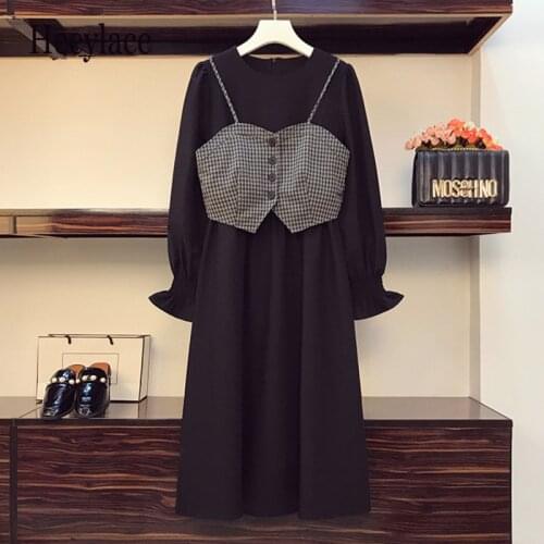 Plus Size Women Trendy Vintage Suit Plaid Vest Crop Top And Long Sleeve T Shirt Dress Two Piece Set 2021 Autumn Women Clothing
