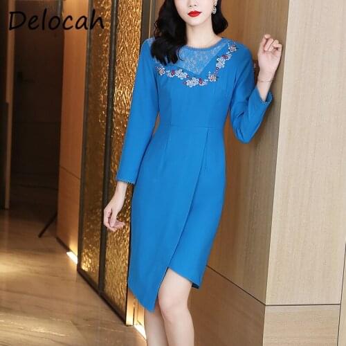 Delocah New 2021 Autumn Women Fashion Runway Midi Dress Long Sleeve Gorgeous Embroidery Crystal Blue Print Ladies Dress Vestidos