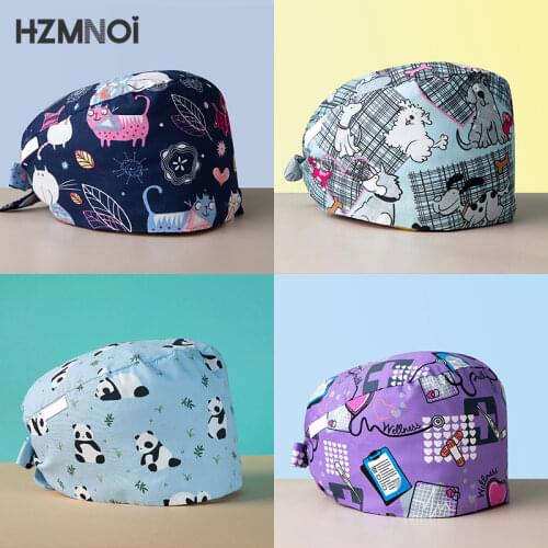 2021 Cotton Cartoon Print Breathable Pet Hospital Surgeon Dental Oral Beauty Salon Chef Female Medical Nurse Cap Scrub Cap