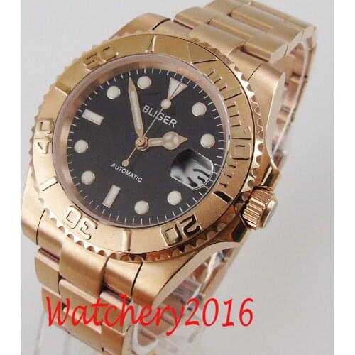 40mm Bliger Sapphire glass Black dial ceramic bezel Rose Golden plated Luminous Marks NH35 Automatic movement Mens Watch