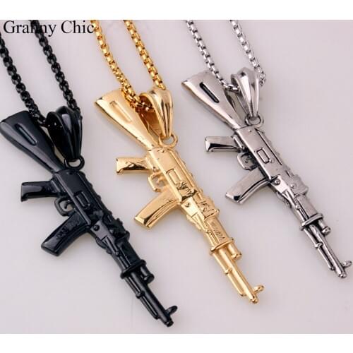 Granny Chic New Hot Mens Punk Silver/Black/Gold Stainless Steel Army AK47 Gun Pendant Box Necklace free