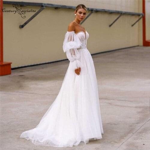 Boho Wedding Gowns 2021 Bride Dresses Detachable Sleeve Lace Tulle A-Line Bohemian Bridal Dress Marriage Vestido De Noiva