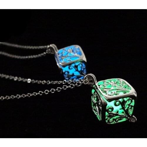 BOTU 2021 Exquisite Hollow Tree of Life Square Luminous Cube Pendant Necklace Rubiks Cube Luminous Creative Jewelry for Women