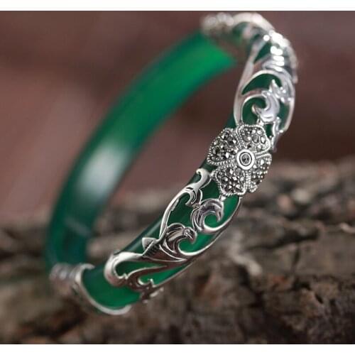 Natural open 925 sterling silver four leaf clover inlaid white green jade personality temperament ladies jewelry bangles