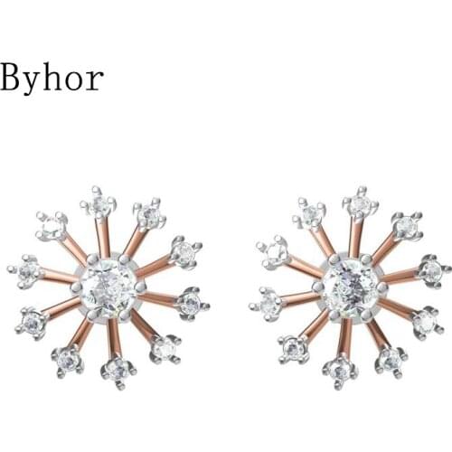 Byhor Solid 14K White/Yellow+White/Rose+White Gold 0.53ct H/SI Natural Diamonds Flower Stud Earrings Women Cерьги Fine Jewelry