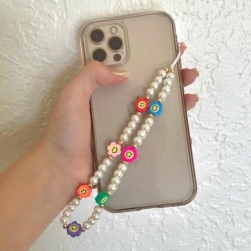 90s Aesthetic Pearl Flower Smiley Mobile Phone Chain for Women Vintage Fashion Harajuku INS Keychain Charms Accessories Friends