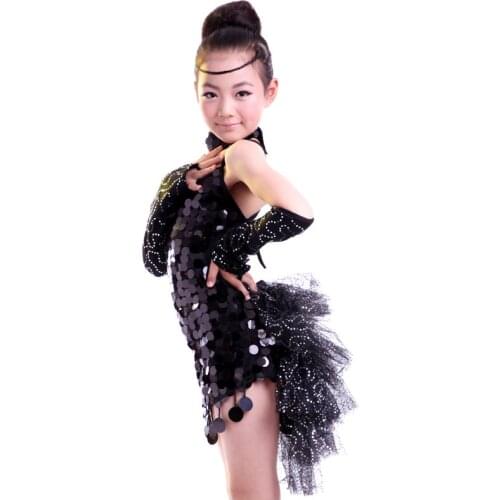 New 2016 Children Kids Sequin Lace Stage Performance Competition Ballroom Dance Costume Latin Dance Dress for Girls