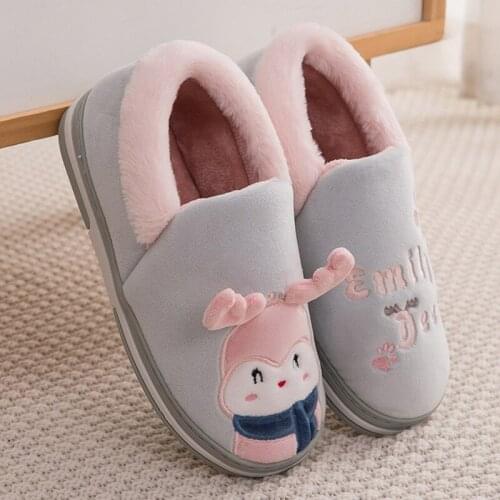 Female Home Cotton Shoes Cartoon Furry Men Women Couple Christmas Slippers Warm Plush Non-Slip Platform Adult Ladies Flat Shoes