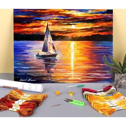 Sunset Over The Lake Pre-Printed 11CT Cross-Stitch Patterns Embroidery DMC Threads Craft Sewing Knitting Hobby Home Adults