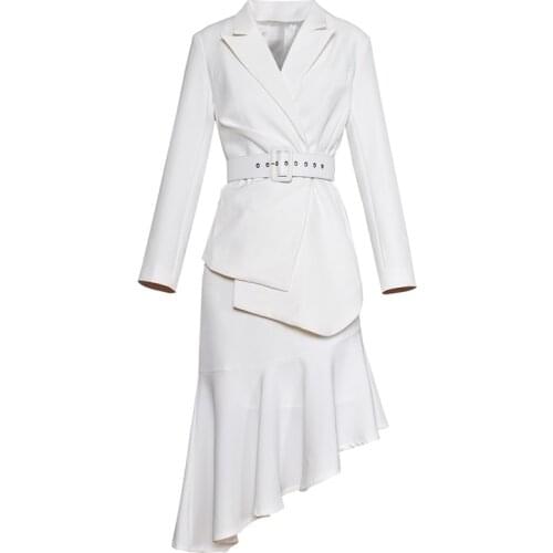 Office suits for women fashion set two piece outfit winter skirt set long sleeve white blazer jacket + midi asymmetric skirt