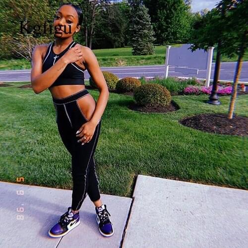 KGFIGU Black Fitness Stretchy Pants Sets Women Sexy Sleeveless Tank Tops Hollow Out Streetwear Sweatpants Pencil Trousers