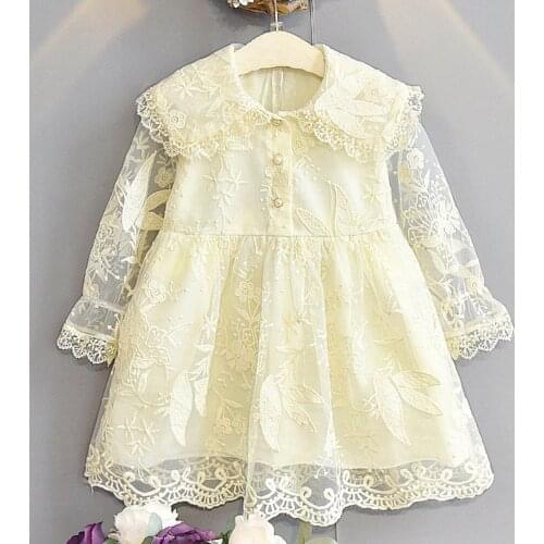 Amya Baby Girls Lace Dress Peter Pan Collar Beige Princess Costume Christmas Dress Kids Autumn Clothes Girls Long Sleeve Dresses
