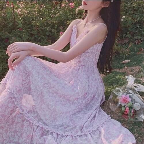 Summer Pink Sweet Strap Dress Women Elegant Floral Print Gentle Sexy Long Chiffon Dress Female Vocation Party Beach Fairy Dress