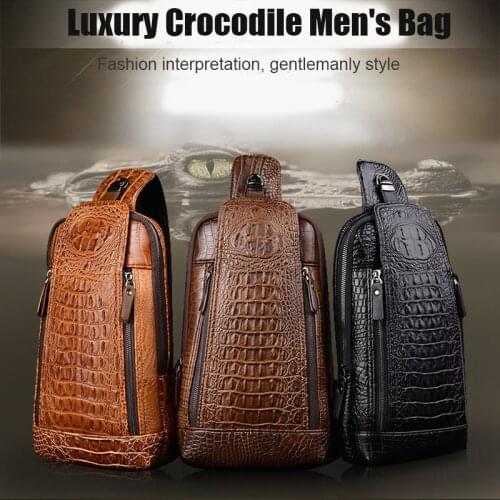 Men Leather Crocodiles Pattern Chest Bag Sling Crossbody Bags Adjustable Strap Earphone Hole -OPK