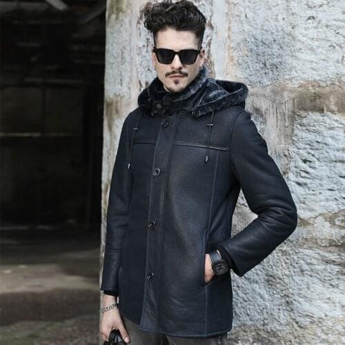 Men Genuine Leather Shearling Jackets and Coats Real Sheepskin+Wool Liner Winter New Warm Thick Outerwear Hooded Detachable