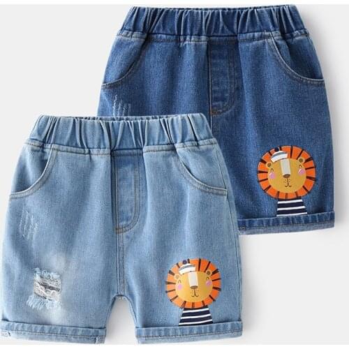New 2021 Kids Summer Denim Shorts Boys Fashion Cartoon Lion Print Ripped Denim Shorts Children Casual Jeans Short Pants Trousers