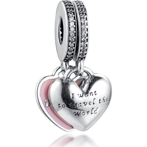 New Fashion DIY Fits for Pandora Bracelets on Hand Pink Heart Charms for Women 100% 925 Sterling Silver Beads Free Shipping