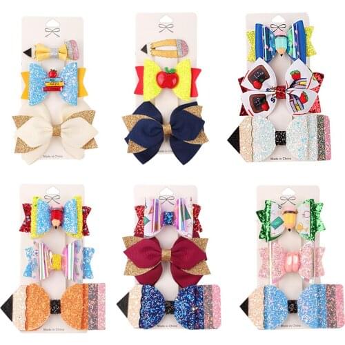 Oaoleer 3 Pcs/Set Back to School Hair Bow With Clip For Girls Kids Pencil/Apple Hair Clips Hairpins Students Hair Accessories