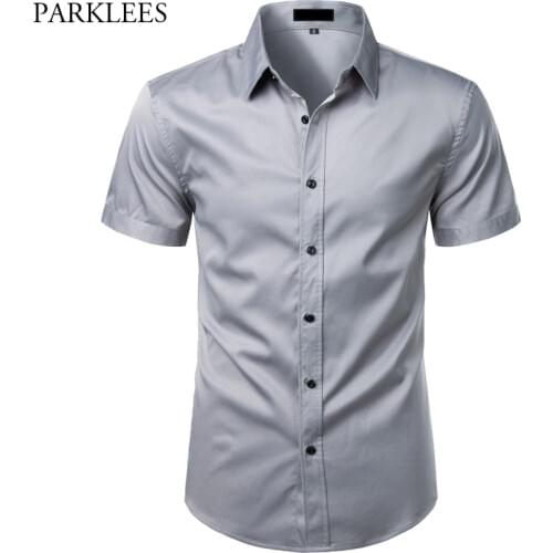 Gray Bamboo Fiber Shirt Men Short Sleeve Solid Color Mens Dress Shirts Casual Slim Fit Summer Chemise Homme Camisa Masculina XXL