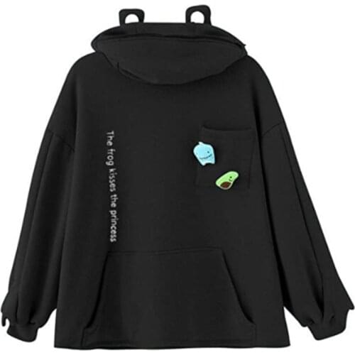 Unisex Long Sleeve Oversized Sweatshirt Harajuku Cute Frog Eyes Hoodies Letters Stuffed Toys Decor Tunic Top with Pocket
