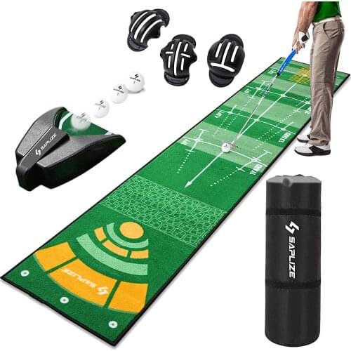 SAPLIZE Golf Putting Training Mat with Auto Ball Returner Bundle, 20 in X 10 ft, 3 Golf Balls and Golf Ball Line Marker Tools In