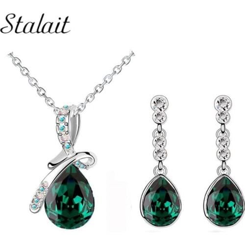 Jewelry sets new women wholesales austrian crystal fashion Silver Color tear drop pendant necklace earrings 10743