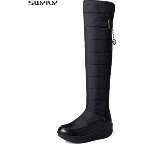 SWYIVY Women Toning Shoes Wedge Plus Velvet Warm Snow Boots 2018 Non-slip Knee-high Boots Female Swing Shoes Height Increasing