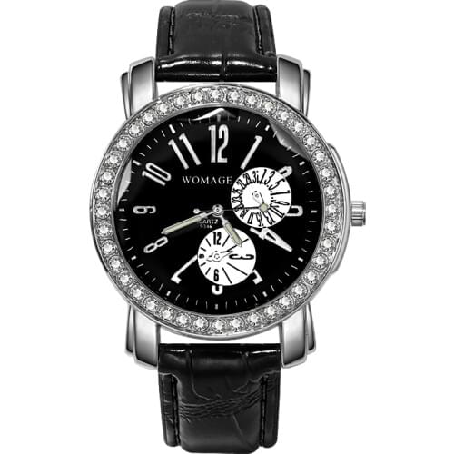 Womage Fashion Casual Ladies Watches Crystal Women Watches Leather Band Quartz Wristwatch Black horloge dames horloges vrouwen