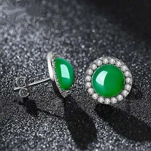 100% Real 925 Sterling Silver Stud Earrings For Female Natural Round Green Jade Earrings Emerald Gemstone Fine Jewelry Lady Gift