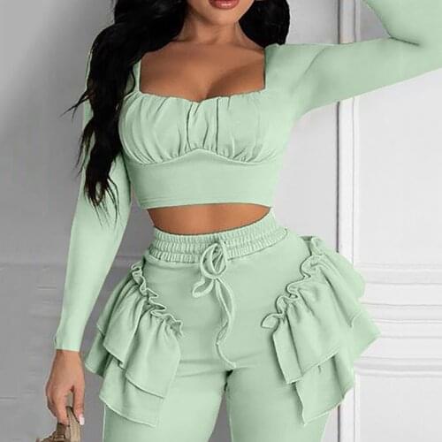 Autumn New Women Long Sleeve Top and Drawstring Pants Two Piece Set Fashion Pleated Edge Sport Pant Suits Female Casual Outfits